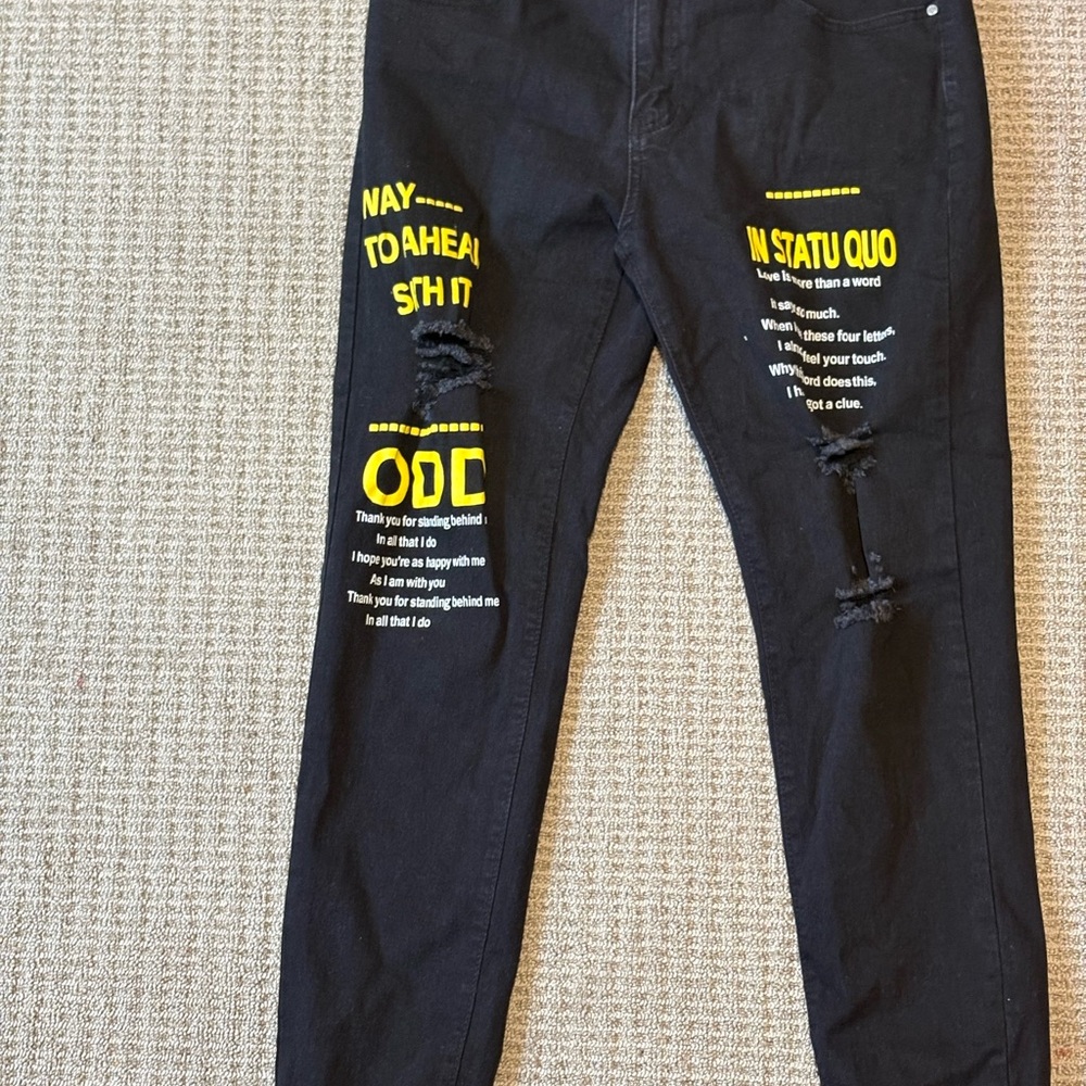 Black Distressed Jeans with Yellow Accents